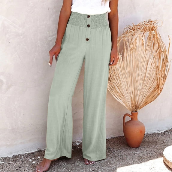 Homenesgenics Plus Size under $10 Wide Leg Women Casual Solid Pants Comfortable Elastic High Waist Wide Leg Casual Loose Beach Pants