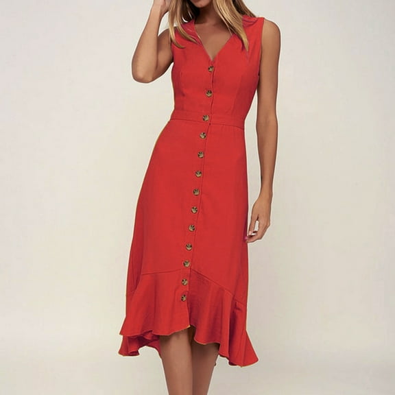 Homenesgenics Plus Size Dresses Women's Spring And Summer Solid V-neck Sleeveless Single Breasted Waist Closed Back Dress