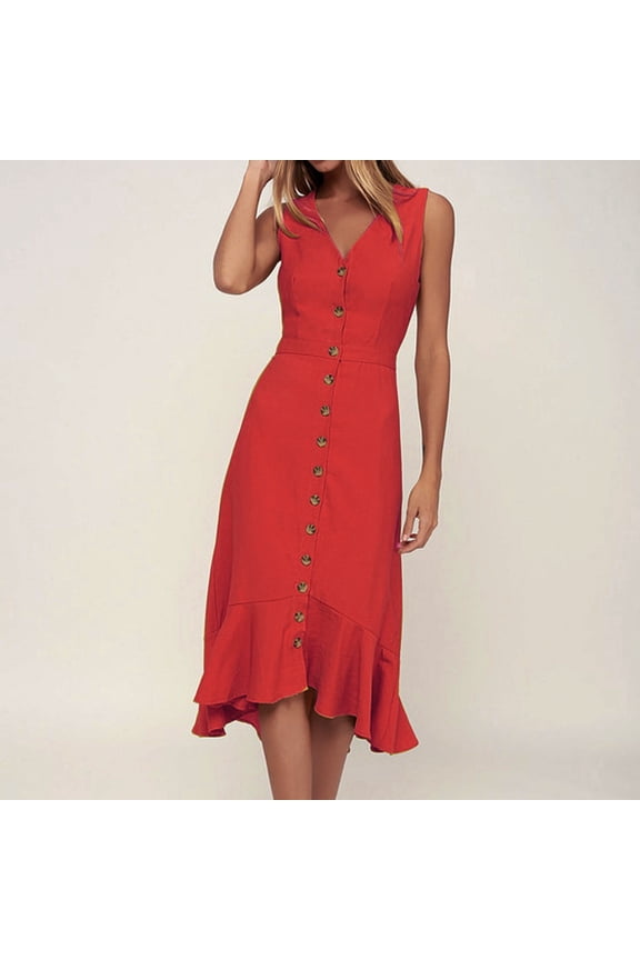 Plus Size Dresses Women's Spring And Summer Solid V-neck Sleeveless Single Breasted Waist Closed Back Dress