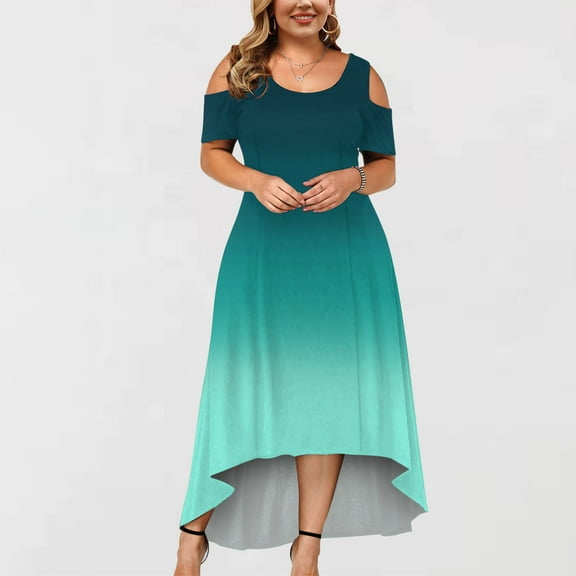 Spring Tops for Women Plus Size Dresses for Women on Fashion Women Summer Casual Short Sleeve off The Shoulder Gradient Dress Gifts for Women