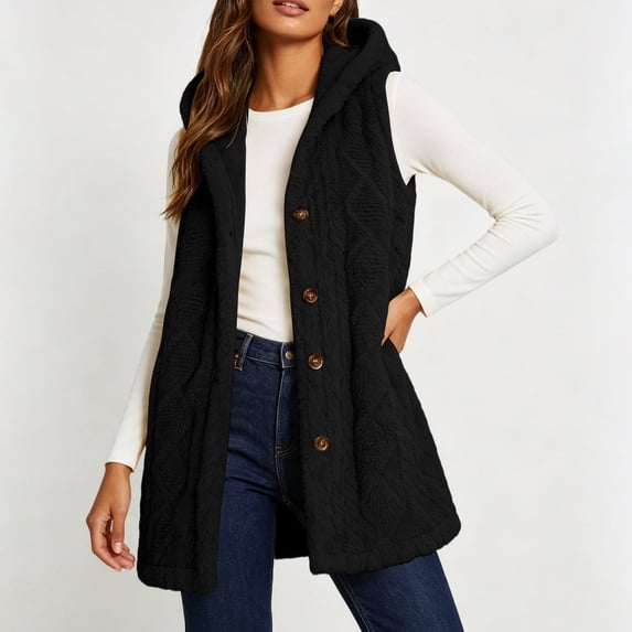 Homenesgenics Plus Size Jackets for Women Fall/Winter Versatile Reversible Fleece Sleeveless Hooded Vest; Sleeveless Hooded Casual Coat/Outerwear Black XXXL
