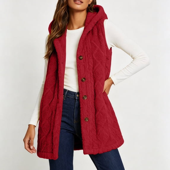 Homenesgenics Plus Size Jackets for Women Fall/Winter Versatile Reversible Fleece Sleeveless Hooded Vest; Sleeveless Hooded Casual Coat/Outerwear Red XXXL