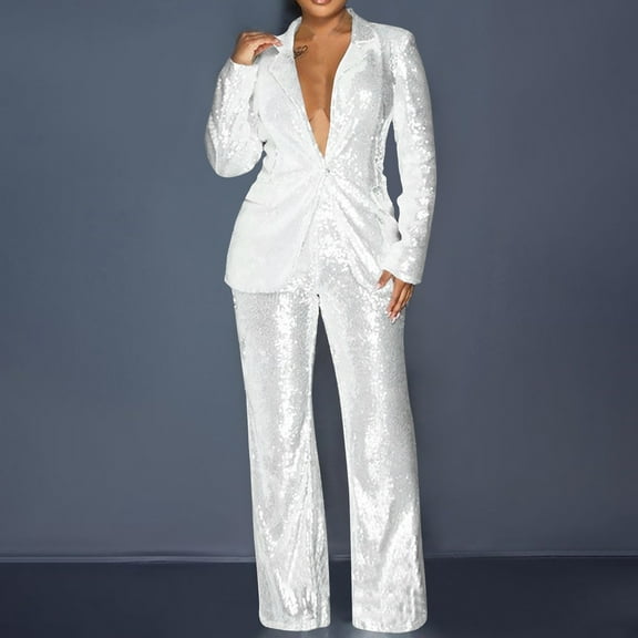 Homenesgenics Plus Size Womens Suits Business Womens Clothes Woman Sequin Solid Color Fashion Fallow Long-Sleeved Trousers V-Neck Suit White S