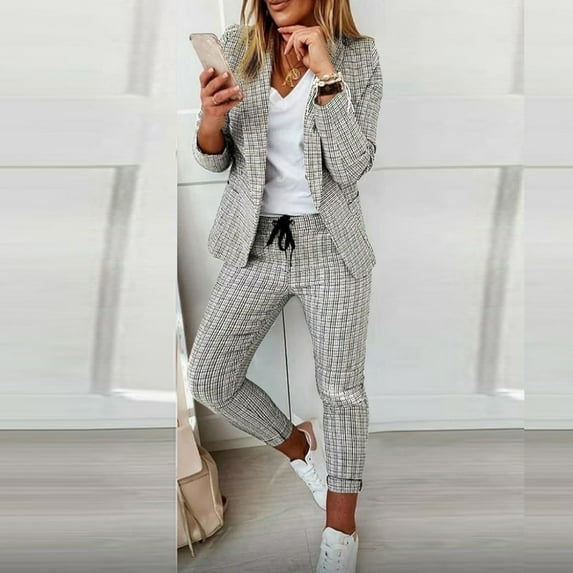 Homenesgenics Plus Size Womens Suits for Work Women under $5 Women's Casual Lattice Printed Suit Long Sleeve Blazer +Long Pants Two Piece Set Gray S