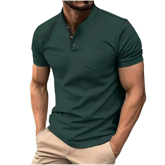 Homenesgenics Polo Shirts for Men Men's Shirt Summer Men Casual Fashion Solid Button T Shirt Stand Collar Short Sleeve Top Green S