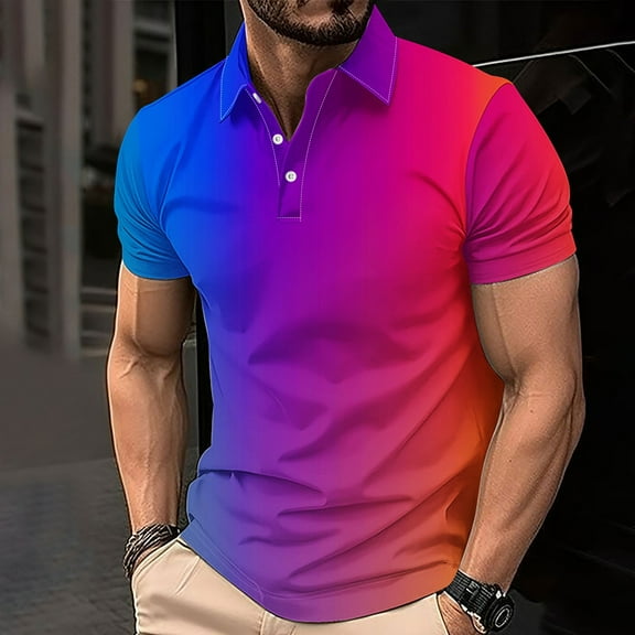 Homenesgenics Polo Shirts for Men Men's Shirt Summer Men's Gradient Printed Casual Short Sleeved Lapel Top/shirt Multicolor XXXL