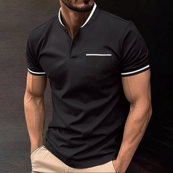 Homenesgenics Polo Shirts for Men Men's Shirt Summer Men's Standing Collar Hutton Striped Loose Casual Shirt Black S