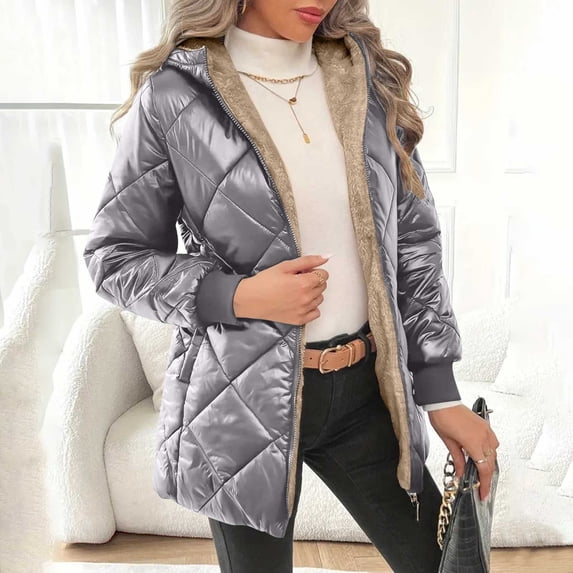 Homenesgenics Puffer Jacket for Women Solid Long Sleeved Hooded Coats Gray S