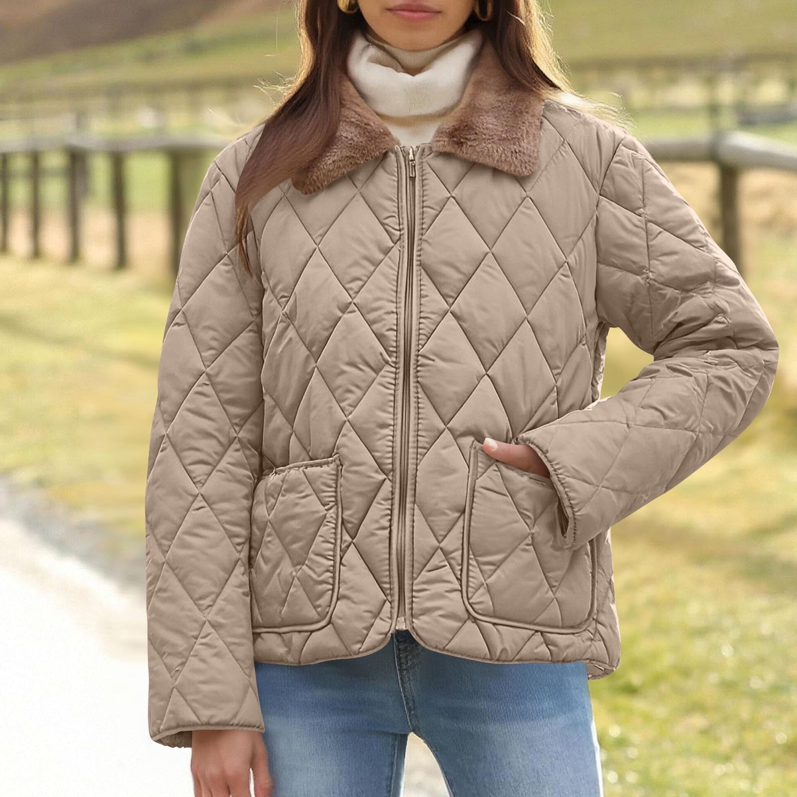 Homenesgenics Quilted Jacket for Women Casual Oversize Solid Color Fall ...