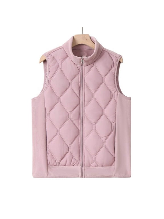 Quilted Vest Synthetic Padded Vest Puffer for Fall Winter Lightweight Sleeveless Turn-Down Collar Zipper Pocket Base Layer Waistcoat Pink M