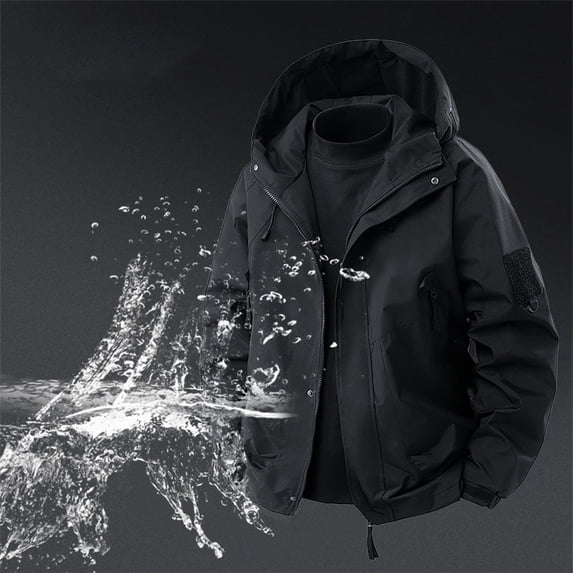Homenesgenics Rain Jacket Men Long-Sleeve 2026 Fall Winter Hooded Zipper-Pocket Outdoor Windbreaker Black XL