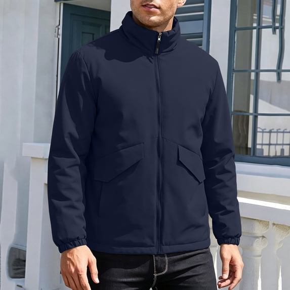 Homenesgenics Rain Jacket Men Long-Sleeve Zipper Winter Thickened Workwear Waterproof Warm Cotton Windbreaker with Pockets Blue XL