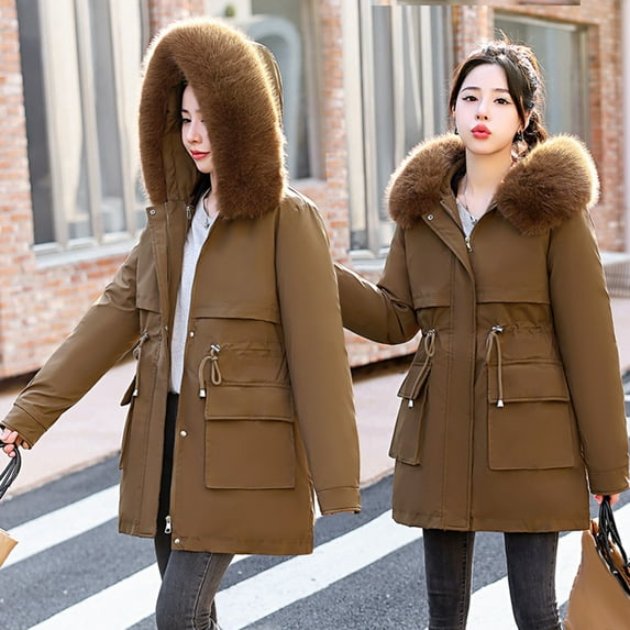 Homenesgenics Rain Jacket Womens Winter Jacket Warm Overcoat Slim Fur-Collar Zipper Thicker Coat Outerwear Clearance