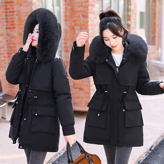 Homenesgenics Rain Jacket Womens Winter Jacket Warm Overcoat Slim Fur-Collar Zipper Thicker Coat Outerwear