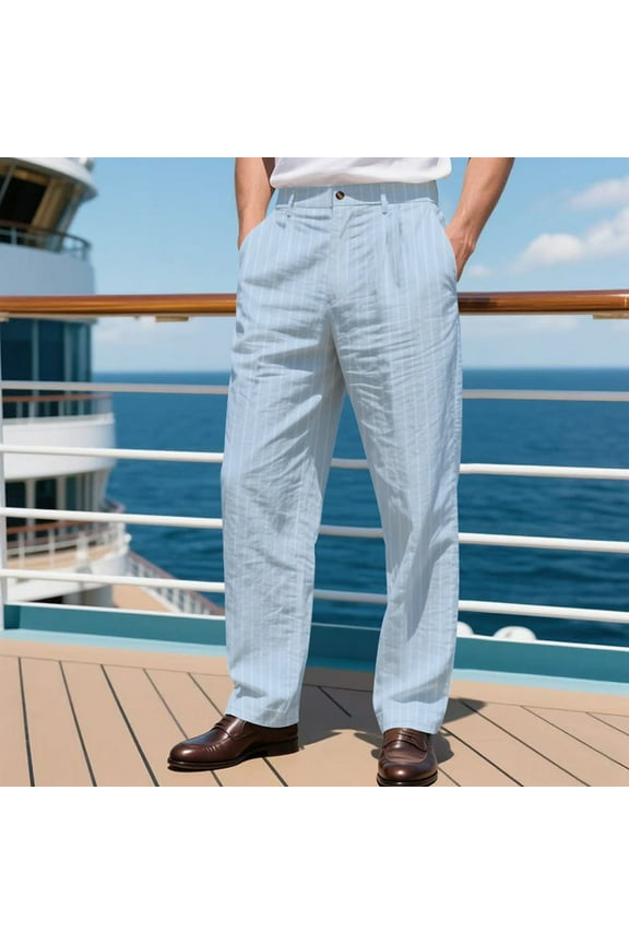 Regular Fit Straight Legs Work Pants for Men Linen Pants Lightweight Casual Pocket Contracted Straight Type Button Waist Leisure Business Pants Blue S