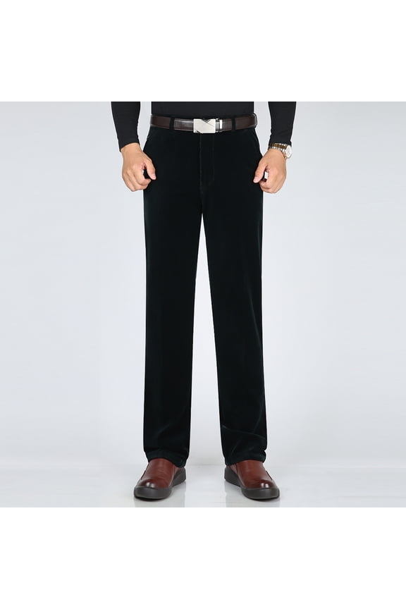 Regular Fit Straight Legs Work Pants for Men Solid Middle-aged Corduroy Button Zipper High Waist Pocket Trousers Long Pants Chino Pants Green M