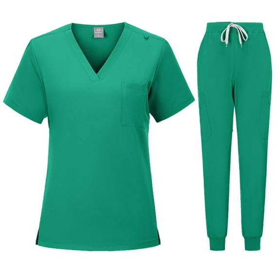 Homenesgenics Scrub Sets for Women Womens 2 Piece Scrub Outfits Casual Short Sleeve Scrub Tops and Long Pants Sets Nurse's Uniform Lounge Set Working Sets with Pocket Green M