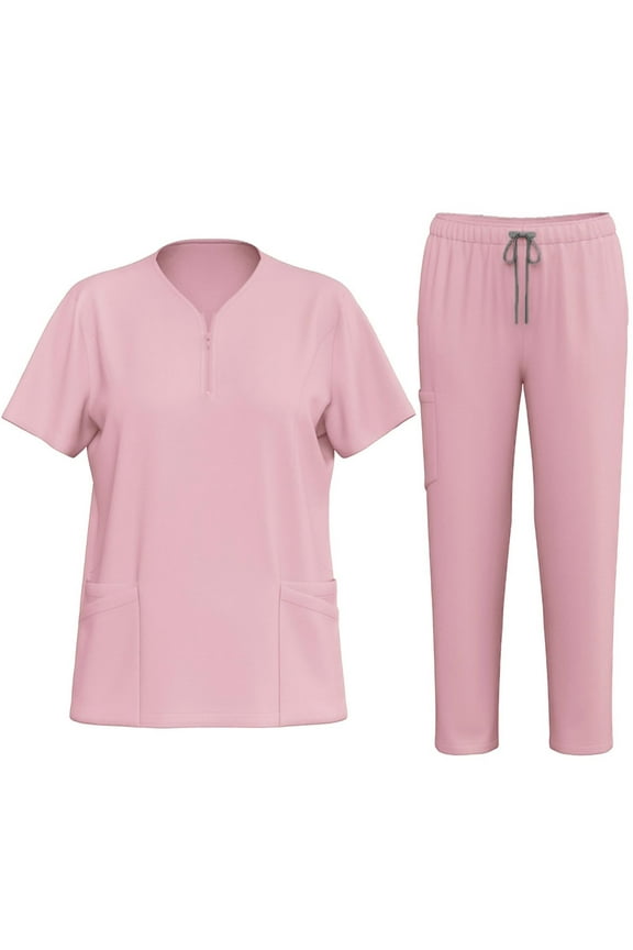 Scrub Sets for Women Womens 2 Piece Scrub Outfits Casual Short Sleeve Scrub Tops and Long Pants Sets Nurse's Uniform Lounge Set Working Sets with Pocket Pink S