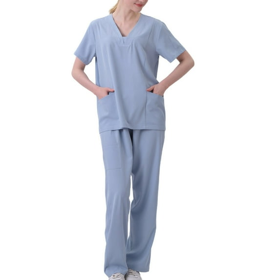 Homenesgenics Scrub Sets for Women Womens 2 Piece Scrub Outfits Casual Short Sleeve Scrub Tops and Long Pants Sets Nurse's Uniform Lounge Set Working Sets with Pocket Blue L