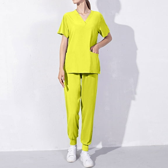 Homenesgenics Scrub Sets for Women Womens 2 Piece Scrub Outfits Casual Short Sleeve Scrub Tops and Long Pants Sets Nurse's Uniform Lounge Set Working Sets with Pocket Yellow M