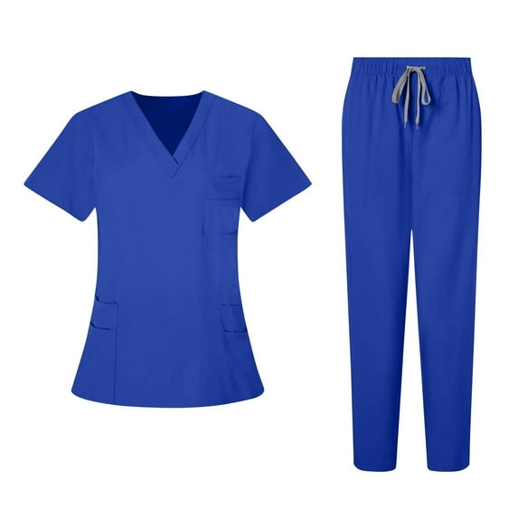 Homenesgenics Scrubs for Women Set,Nursing Uniforms Set Plus Size,Caregiver Uniform/Carer Uniform,Solid-Color Scrubs Set,Loose Drawstring Pants & Short-Sleeve V-Neck Top with Pockets Blue S