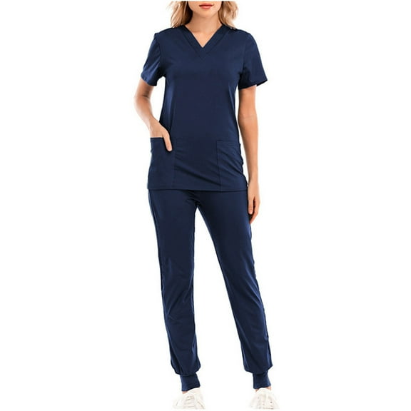 Homenesgenics Scrubs for Women Set,Nursing Uniforms Set Plus Size,Caregiver Uniform/Carer Uniform,Solid-Color Scrubs Set,Loose Drawstring Pants & Short-Sleeve V-Neck Top with Pockets Blue S