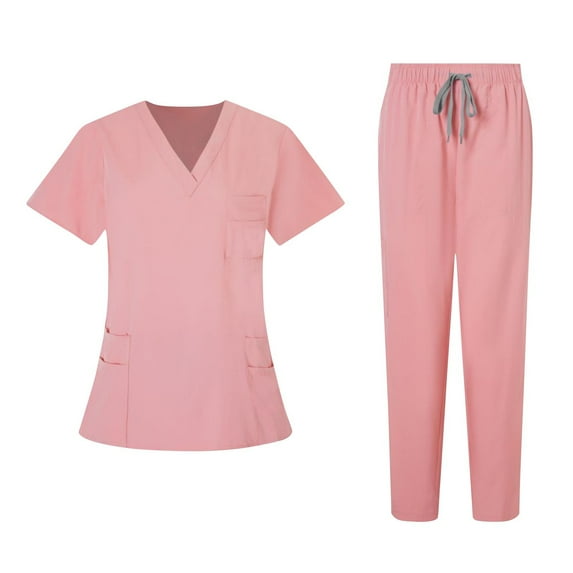 Homenesgenics Scrubs for Women Set,Nursing Uniforms Set Plus Size,Caregiver Uniform/Carer Uniform,Solid-Color Scrubs Set,Loose Drawstring Pants & Short-Sleeve V-Neck Top with Pockets Pink S