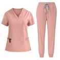 thumbnail image 1 of Homenesgenics Scrubs for Women Set,Nursing Uniforms Set Plus Size,Caregiver Uniform/Carer Uniform,Solid-Color Scrubs Set,Loose Drawstring Pants & Short-Sleeve V-Neck Top with Pockets Pink XL, 1 of 2