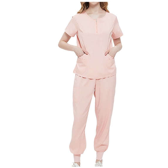 Homenesgenics Scrubs for Women Set,Nursing Uniforms Set Plus Size,Caregiver Uniform/Carer Uniform,Solid Color V-Neck Short Sleeve Long Pants Nurse Uniform with Pockets Pink XXL