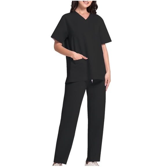 Homenesgenics Scrubs for Women Set,Nursing Uniforms Set Plus Size,Caregiver Uniform/Carer Uniform,V-Neck Breathable Tops Pants Set Healthcare Nurse Outfit Workwear Protective Clothing Set Black XXL