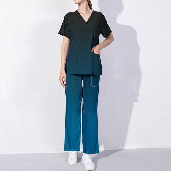 Homenesgenics Scrubs for Women Set,Nursing Uniforms Set Plus Size,Caregiver Uniform/Carer Uniform,V-neck Scrubs Top with Pockets Elastic Waist Straight-leg Nursing Breathable Pants Set Blue XXL