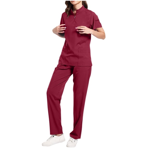 Homenesgenics Scrubs for Women Set,Nursing Uniforms Set Plus Size,Caregiver Uniform/Carer Uniform,Women's Nursing Zipper Top Multi-Pocket Nursing Uniform Two-Piece Set Red S
