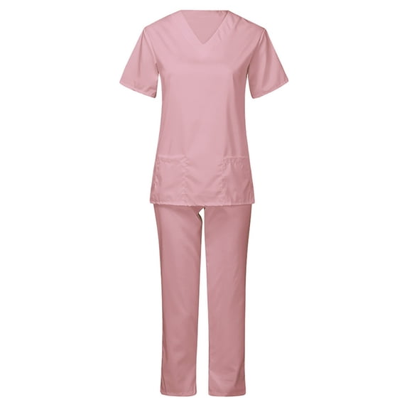 Homenesgenics Scrubs for Women Set,Nursing Uniforms Set Plus Size,Caregiver Uniform/Carer Uniform,Women's Short-Sleeve Solid-Color Tops with Pockets+Pants Set Pink XXXL
