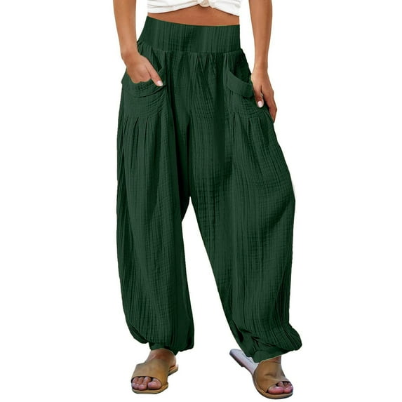 Homenesgenics Short Pant for Women Plus Size Clearance Womens Short Casual Elastic High Waist Solid Color A-Line Long Pants with Pocket/(Green,XL)