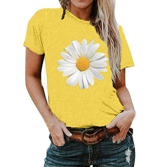 Homenesgenics Short Sleevet Shirts for Women Clearance Spring Summer 2024 Plus Size Women Short Sleeve Floral Printed Sunflower Tops T-Shirt Blouse