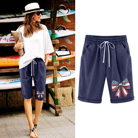 Homenesgenics Shorts for Women Plus Size Lightweight Breathable Sporty Women's Printed Elastic Waist for Casual with Casual Pockets Half Shorts Pants Blue S