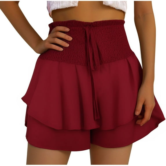 Homenesgenics Shorts for Women Plus Size Lightweight Breathable Sporty Women's Summer Solid Color Lace High Waisted Double Layered Hem Casual Shorts Red S
