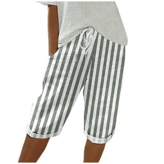 Homenesgenics Shorts for Women Plus Size Lightweight Breathable Sporty Womens Casual Stripe Elastic Loose Shorts Straight Wide Leg Trousers with Pocket Half Shorts Pants Black M