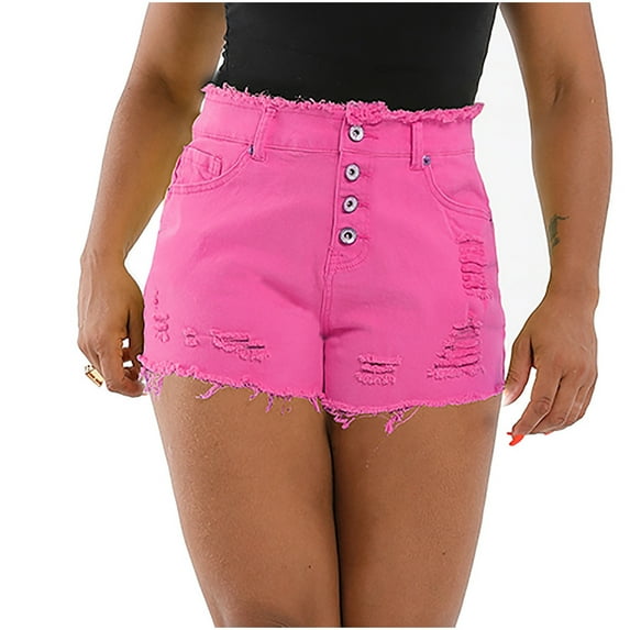 Homenesgenics Shorts for Women Plus Size with Pockets Summer Jeans Shorts with Holes Tassels Solid Stretch Jeans Shorts Denim Pants Blue Trousers