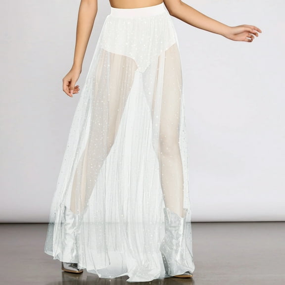 Homenesgenics Skirt for Women Plus Size Womens Solid Color Perspective Pleated Skirt with Lace Shiny Crystal Mesh Buttocks Wrapped Skirt High Waisted and Long Half Length Skirt White M