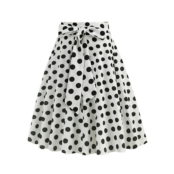 Homenesgenics Skirt for Women Fashion Ladys Womens High Waist A-Line Skirt Bandage Flared Midi Skirt Polka Dot Skirt with Bow White S