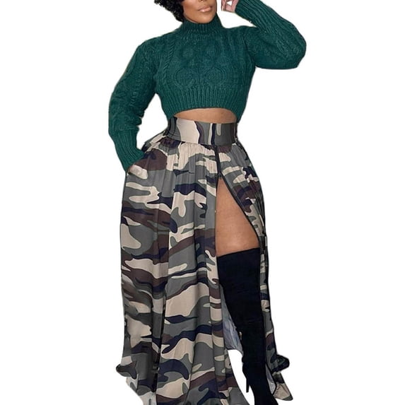 Homenesgenics Skirt for Women Women'S Casual Fashion Sexy Camouflage Print Zipper Slit Elastic Stretchy High Waisted Maxi Skirt Gray S