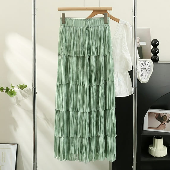 Homenesgenics Skirt for Women Denim Woman Mid-Length Tassels Solid Color Meringue A-Line Skirt Green One Size