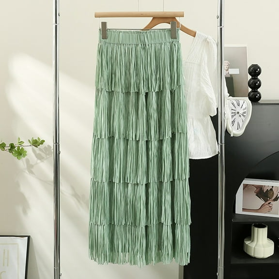 Homenesgenics Skirt for Women Denim Woman Mid-Length Tassels Solid Color Meringue A-Line Skirt Green One Size