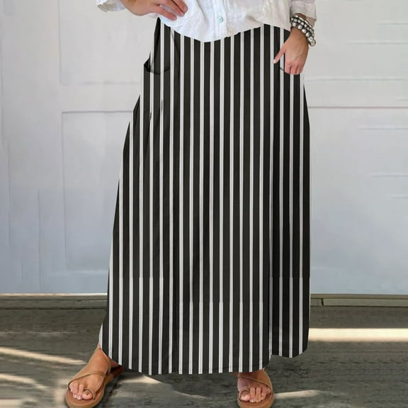 Homenesgenics Skirt for Women Denim Women's Printed Elastic Waistband Pleated Pocket Skirt with Mid Calf Skirt Black L