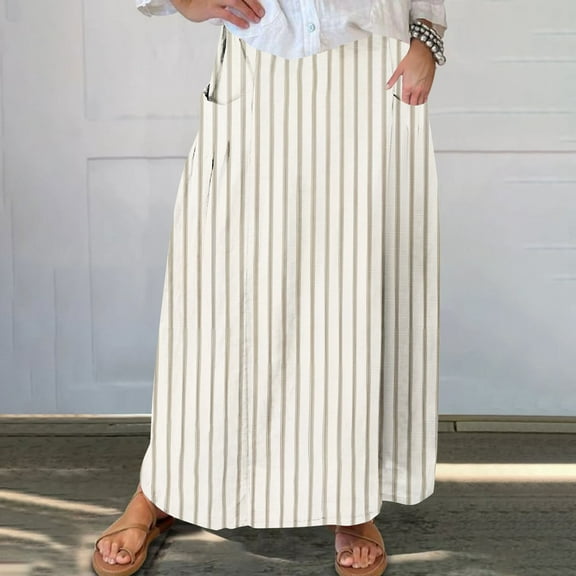 Homenesgenics Skirt for Women Denim Women's Printed Elastic Waistband Pleated Pocket Skirt with Mid Calf Skirt Brown S
