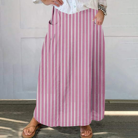 Homenesgenics Skirt for Women Denim Women's Printed Elastic Waistband Pleated Pocket Skirt with Mid Calf Skirt Pink XXXL