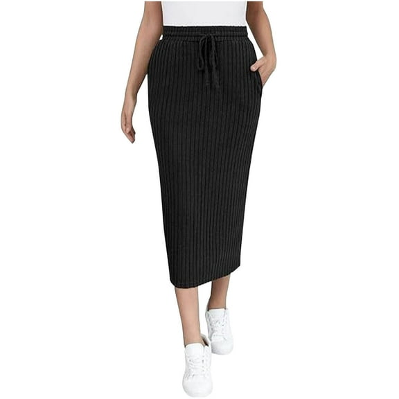 Homenesgenics Skirt for Women Denim Womens Fashion Solid Color Elastic High Waist Lace Up Leisure Mid Length Skirt Black M