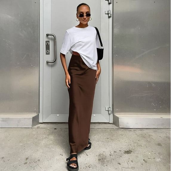 Homenesgenics Skirt for Women Long Fashion Women Solid Color Skirt Satin Finish Sagging Sensation Fish Tail Longuette Satin Skirt Long Skirts Brown M