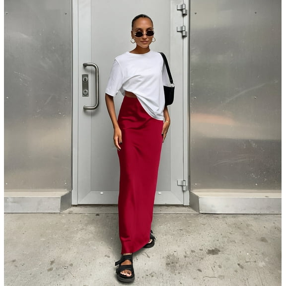 Homenesgenics Skirt for Women Long Fashion Women Solid Color Skirt Satin Finish Sagging Sensation Fish Tail Longuette Satin Skirt Long Skirts Red M